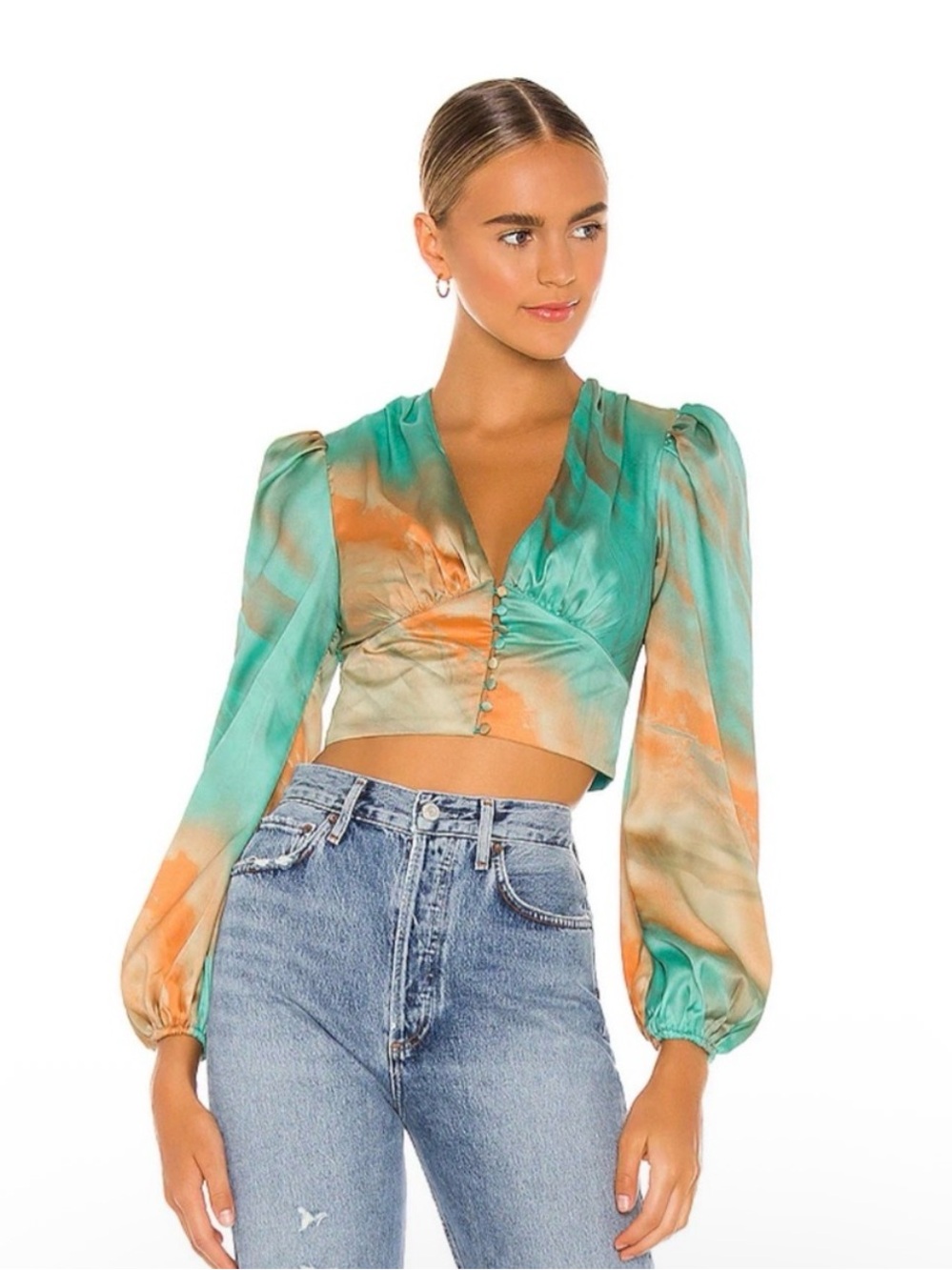 Revolve Superdown - Satin V-Neck Puff Sleeve Crop Top - Size S